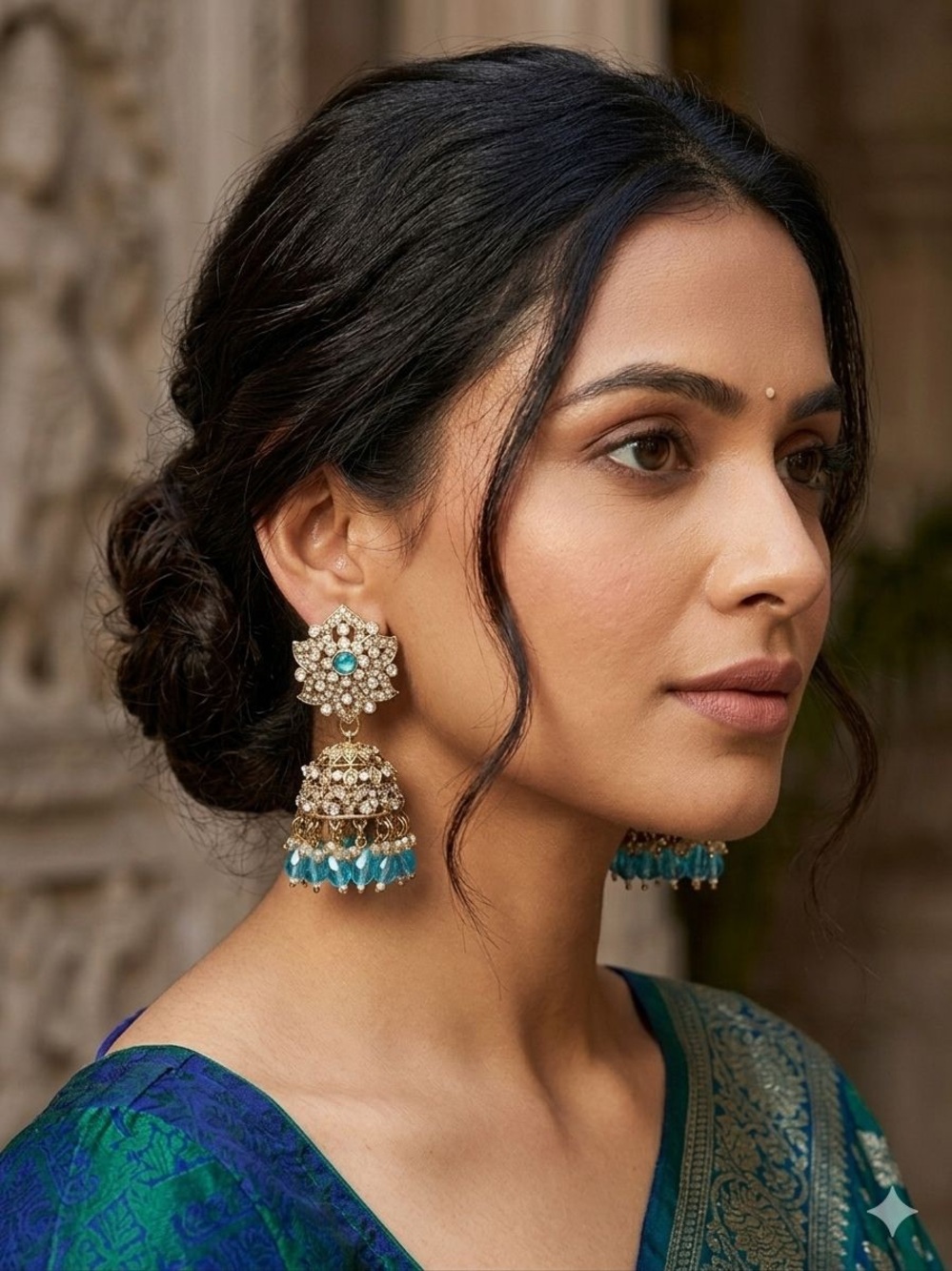 Gold and Teal Floral Jhumka Earrings - Women Jewelry